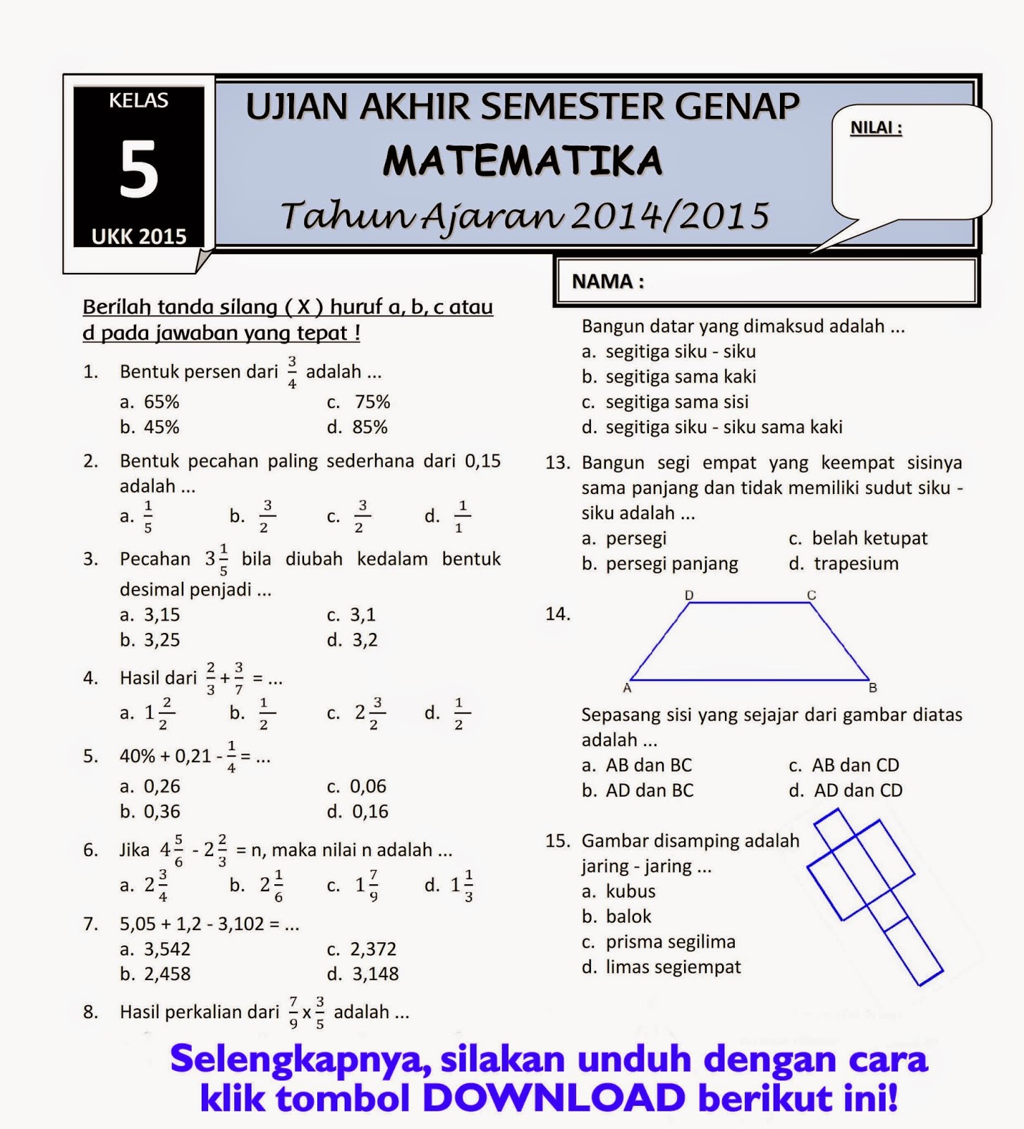 Siap Taklukkan Semester 2! Download Soal Matematika Kelas 3 K13 untuk Bekal Belajar Optimal