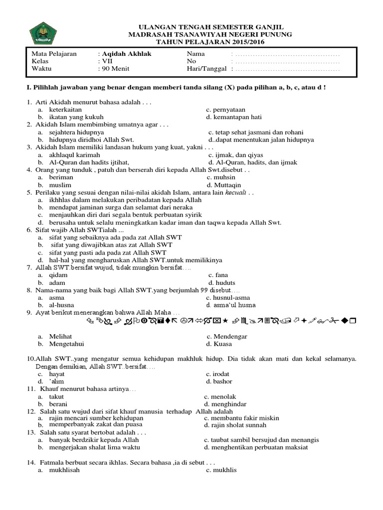 Contoh Soal Uts Aswaja Kelas 6 Semester 1 pembahasan soal twk