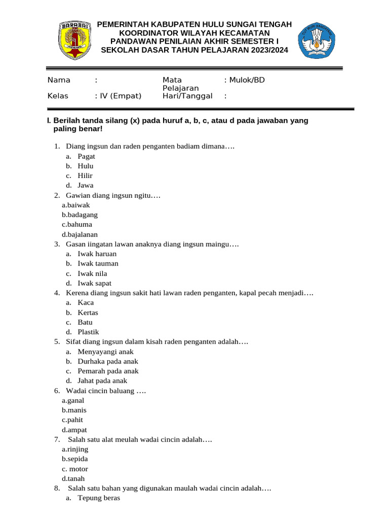 Soal Mulok Kelas 4 SD Semester 1 PDF