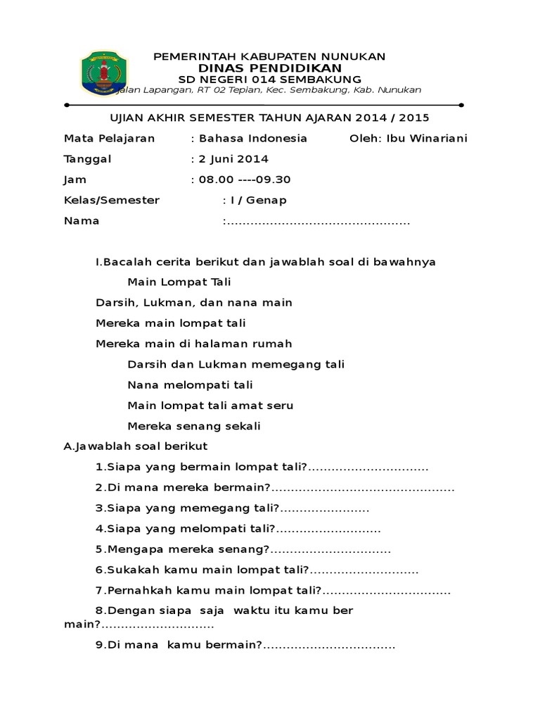 5 Contoh Soal Essay Bahasa Indonesia Kelas 1 yang Sering Muncul di STS 2026