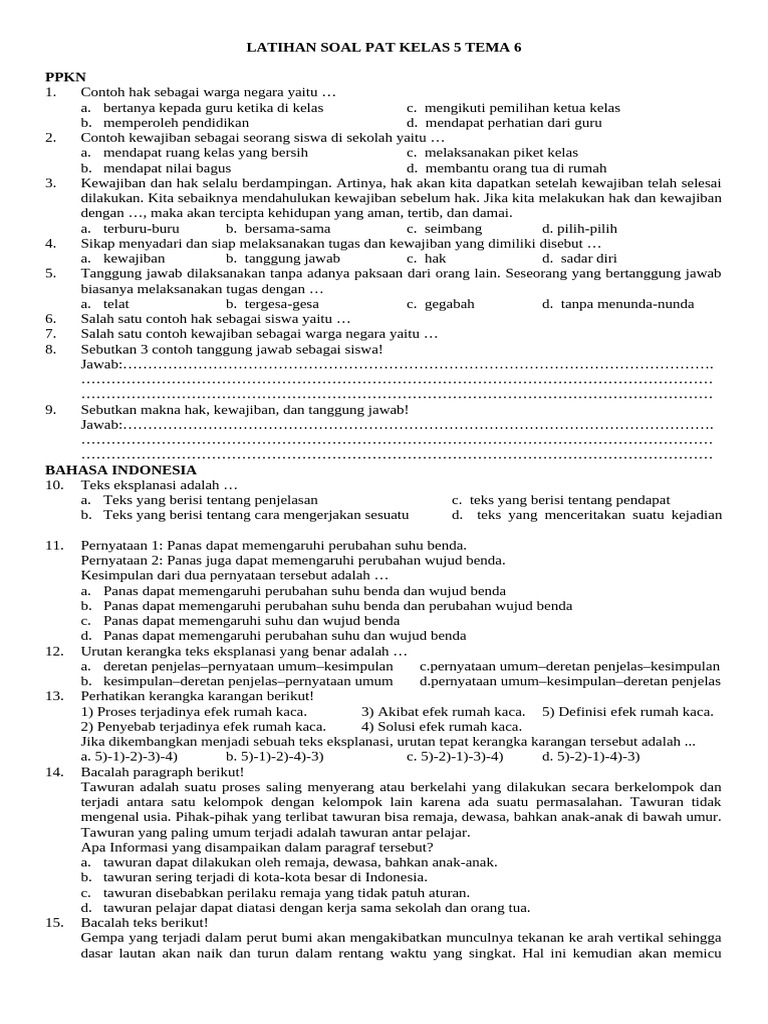 Latihan Soal PAT Kelas 5 Tema 6 PPKN dan IPA PDF