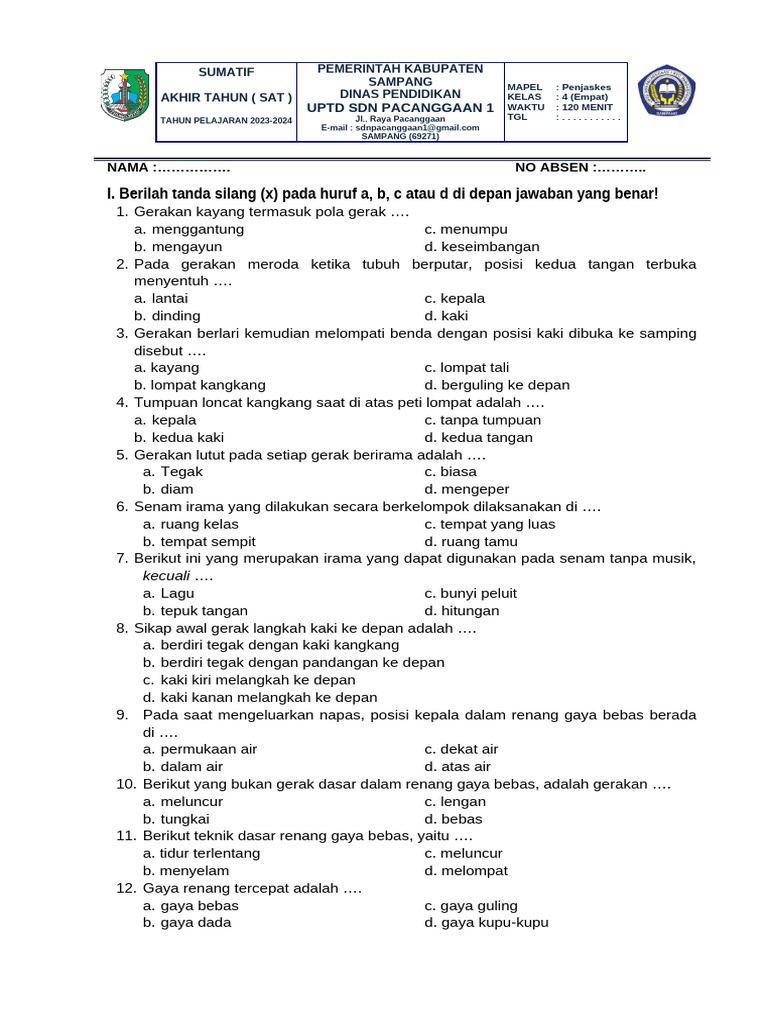 Soal Penjaskes Kelas 4 Tahun 2023-2024 PDF