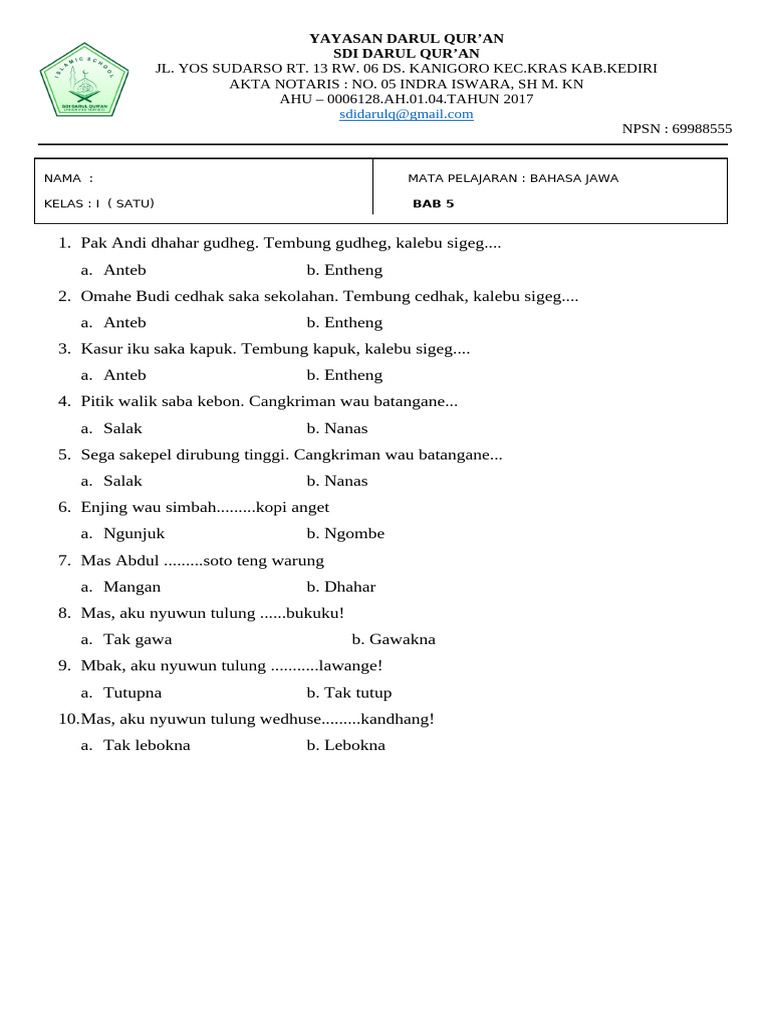 Ternyata Mudah! 7 Soal Ulangan Bahasa Jawa Kelas 1 Semester 2 yang Paling Sering Muncul