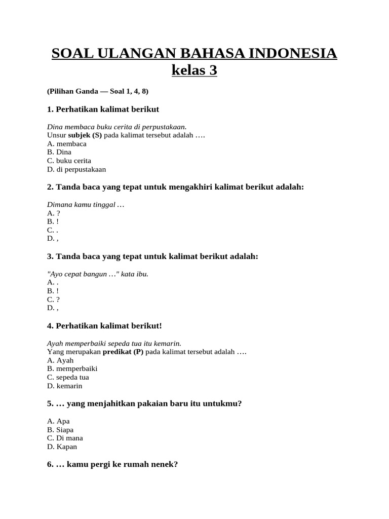 Soal Ulangan Bahasa Indonesia Kelas 3 PDF