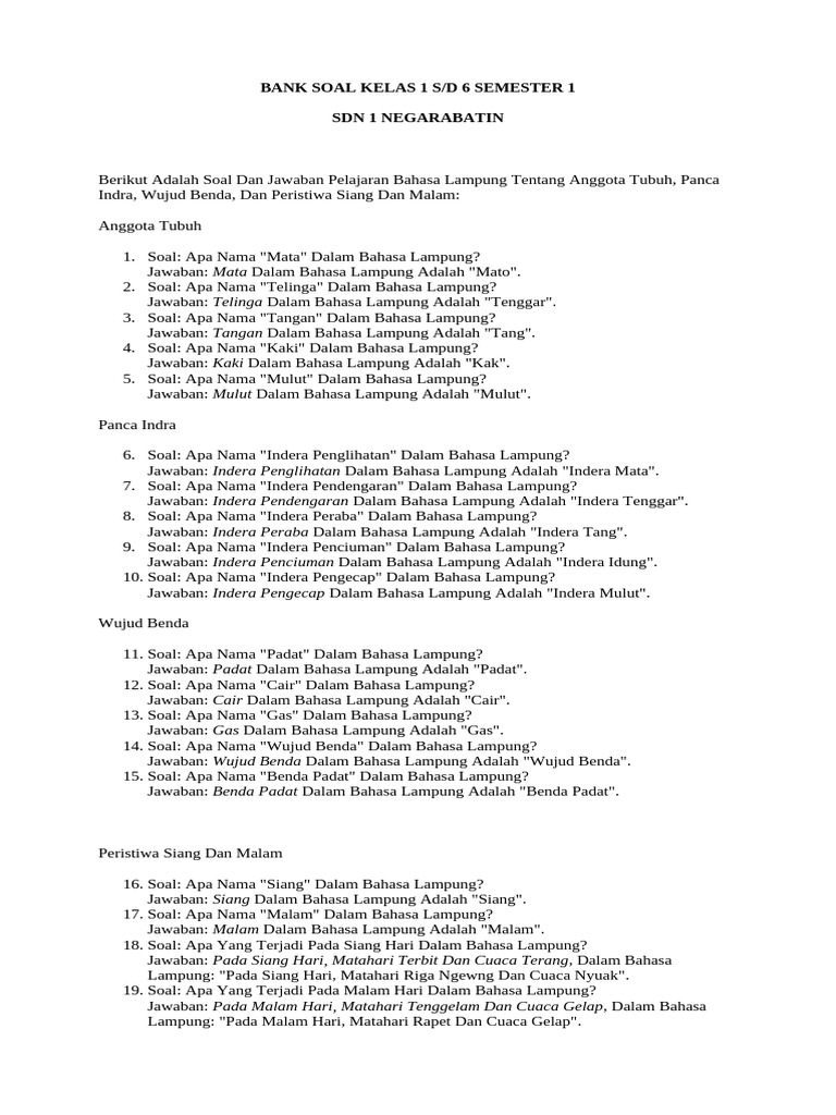 Soal Bahasa Lampung Kelas 1-6 PDF Soal Bahasa Lampung Kelas 1-6 PDF