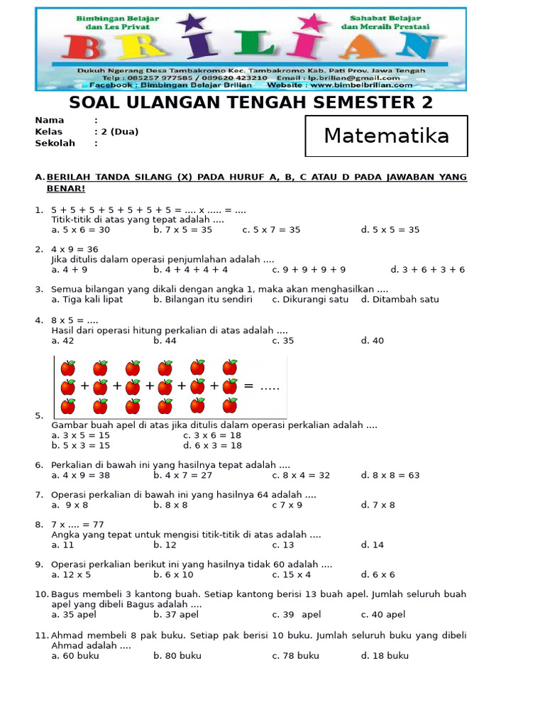 7 Rahasia Membuat Anak Menguasai contoh soal sd kelas 2 matematika semester 2 Secara Mudah