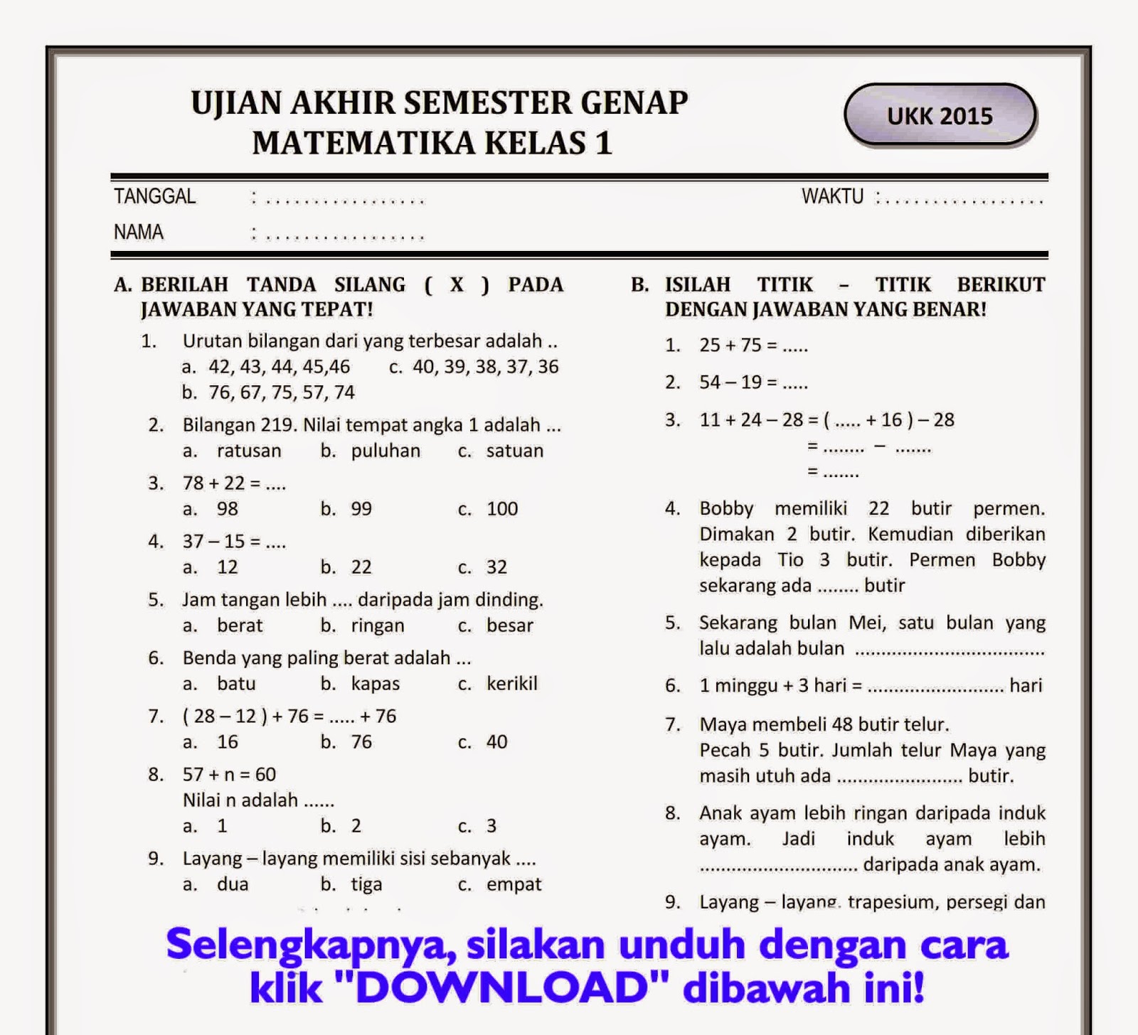 Persiapan Jitu Hadapi Ujian Matematika Semester 2 Kelas 1 SD Contoh