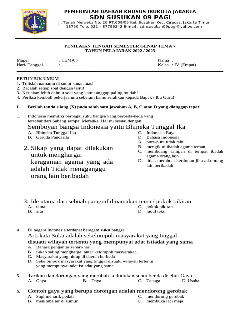 Penilaian Tengah Semester Tema 7 Kelas IV PDF