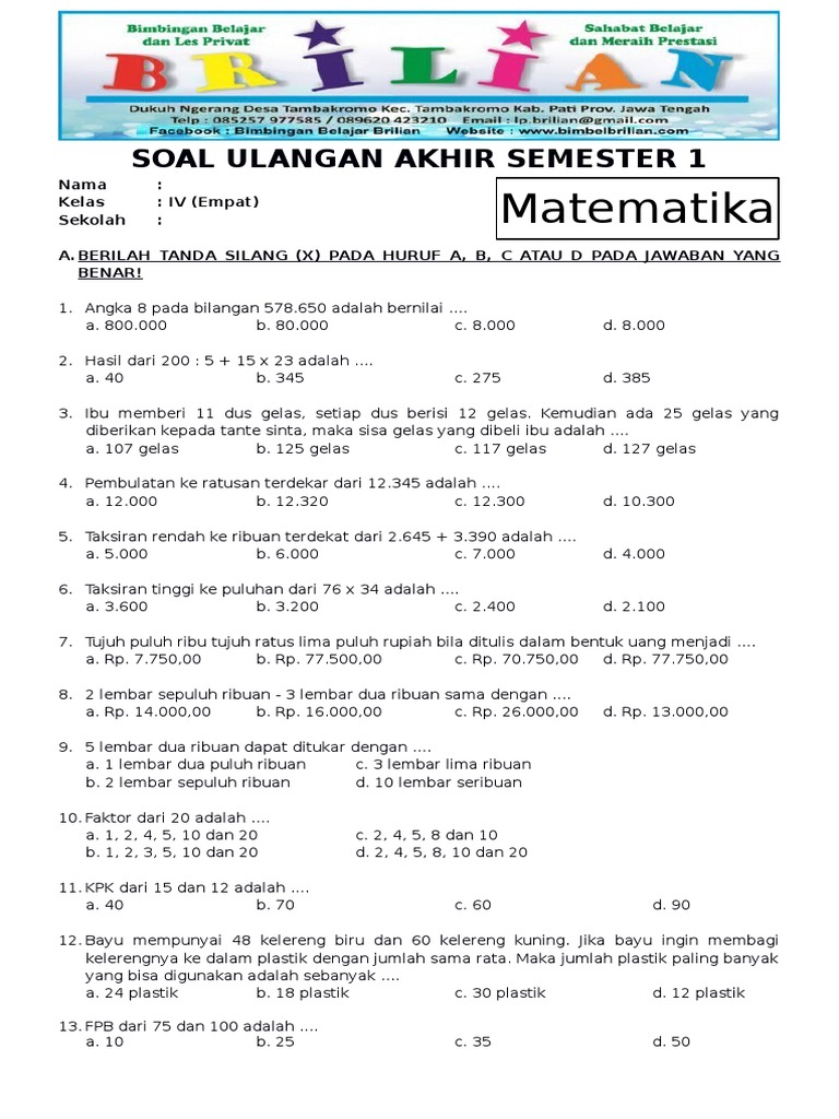 Ternyata Ini Dia Contoh Soal Ujian Semester 1 SD Kelas 4 Matematika yang Sering Muncul di STS 2026 Ternyata Ini Dia Contoh Soal Ujian Semester 1 SD Kelas 4 Matematika yang Sering Muncul di STS 2026