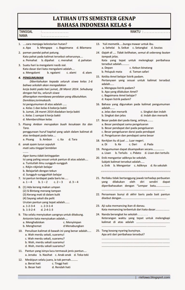contoh soal ukk bahasa indonesia kelas 4 sd semester 2
