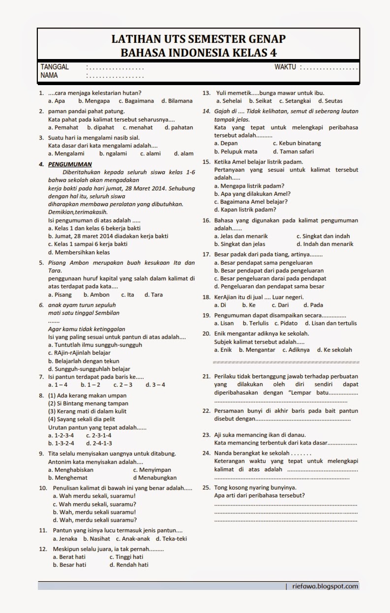 contoh soal ukk bahasa indonesia kelas 4 sd semester 2 contoh soal ukk bahasa indonesia kelas 4 sd semester 2