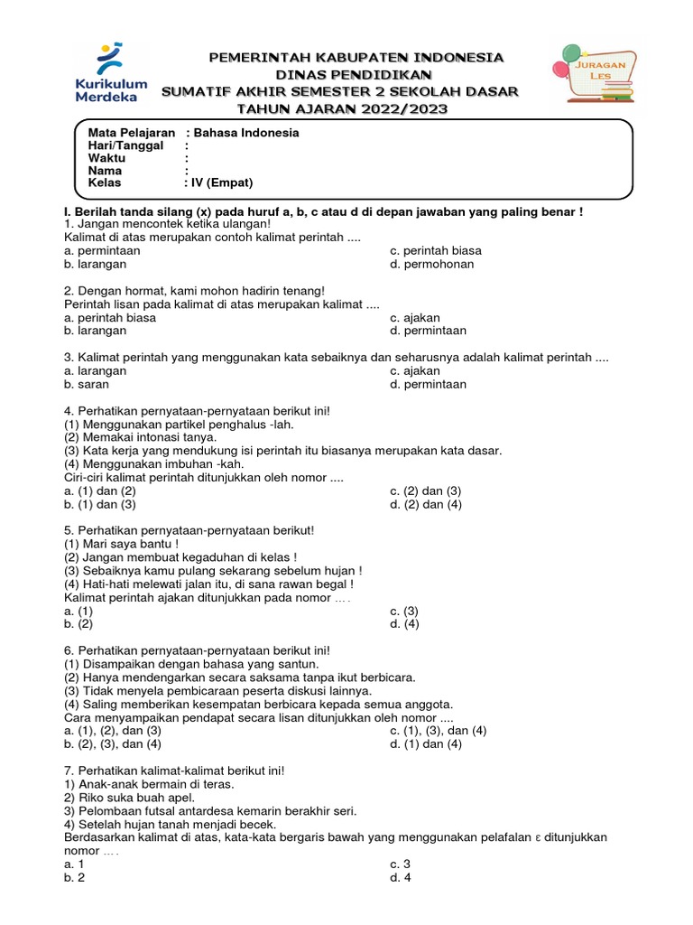 contoh soal ukk bahasa indonesia kelas 4 semester 2 contoh soal ukk bahasa indonesia kelas 4 semester 2